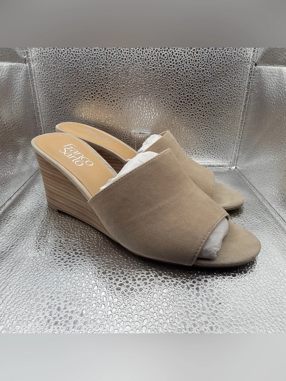 Franco Sarto Beige Suede Wedge Slide Sandals